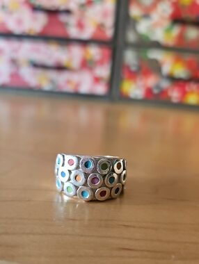 Sterling-Style Multicolor Dot Band Ring - Colorful Circle Accent Size 8.5